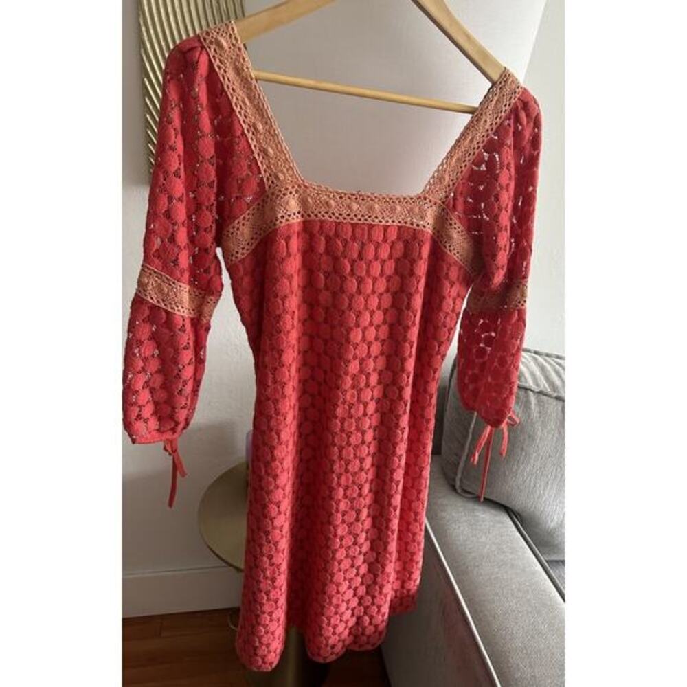 Crochet Bohemian Coral  Mini Dress M Lace Femenine Western